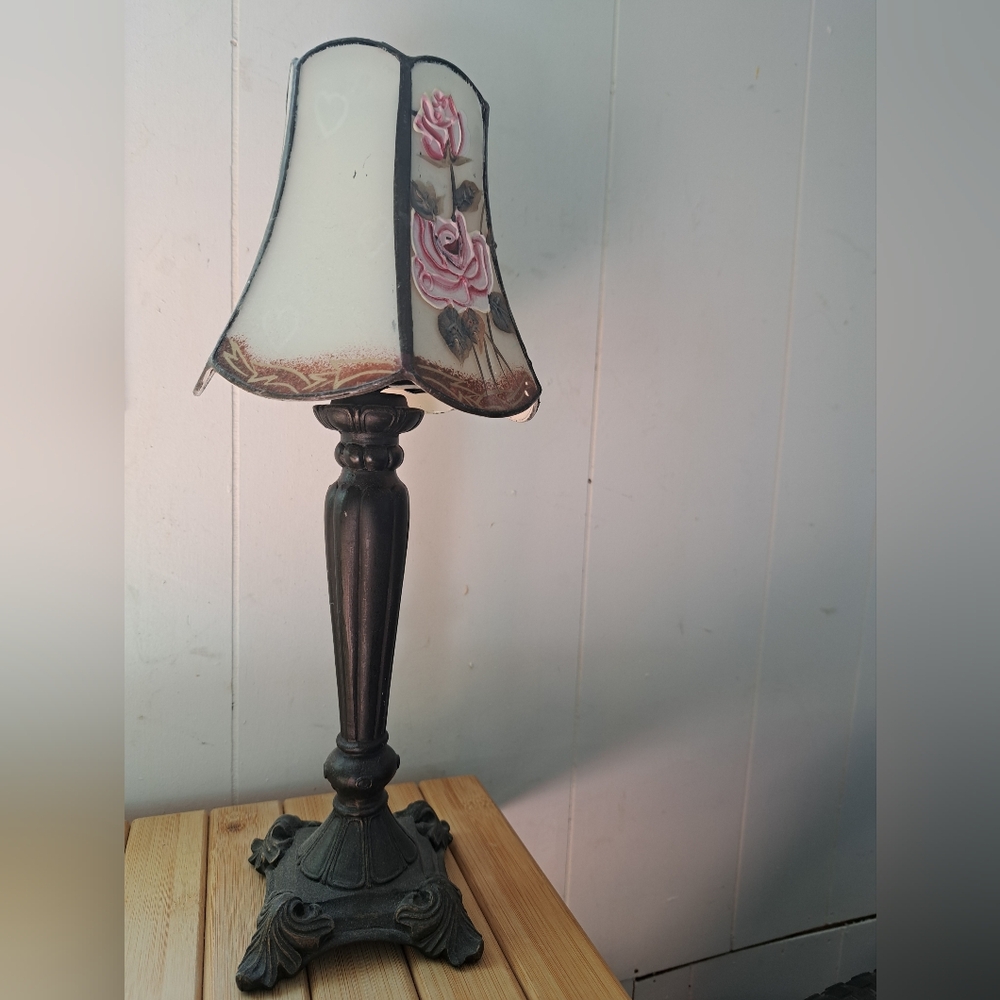 Vintage Candle Holder Table Lamp Like Design with Pink Floral Accents